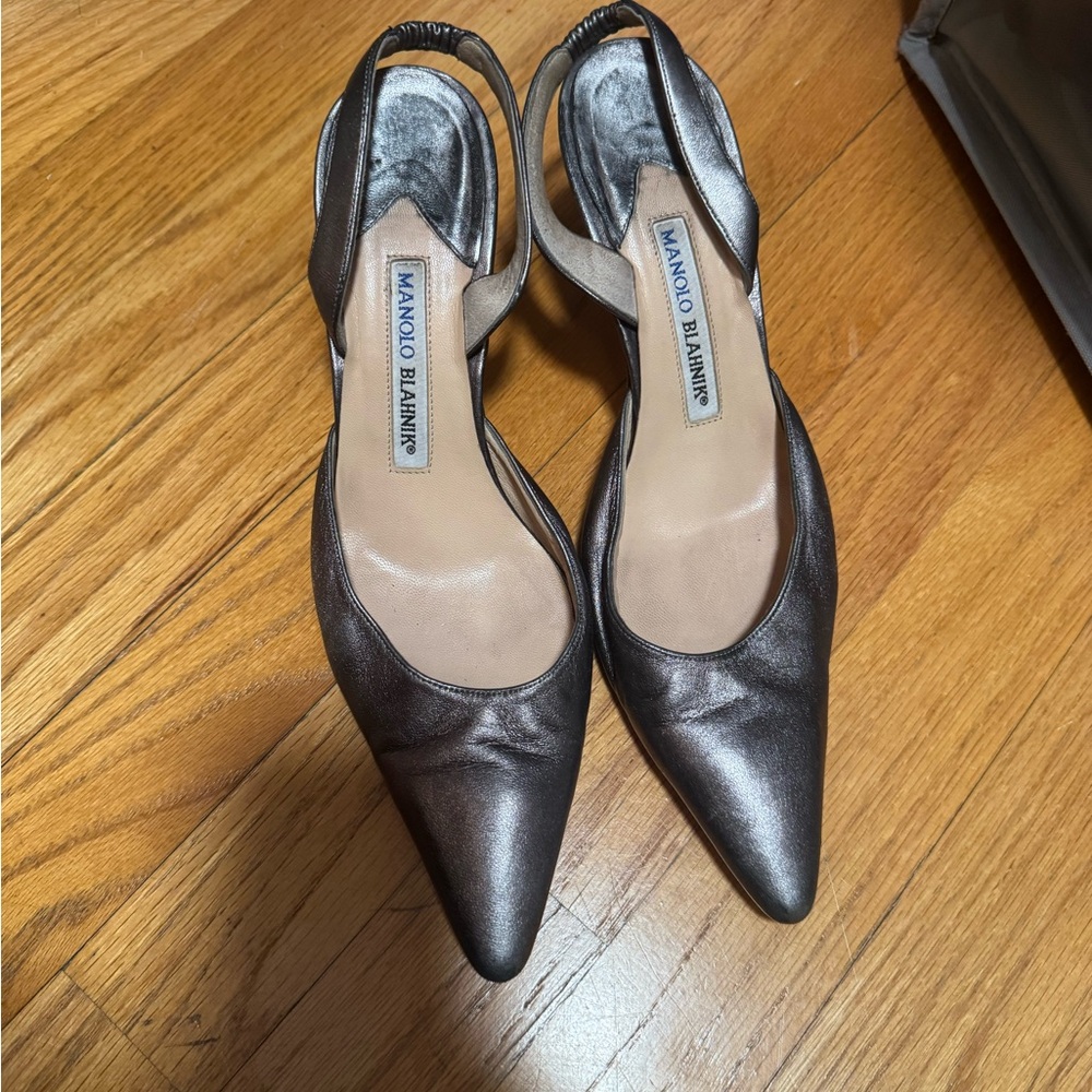 Manolo Blahnik Metallic Silver Pointed-Toe Slingback Pumps